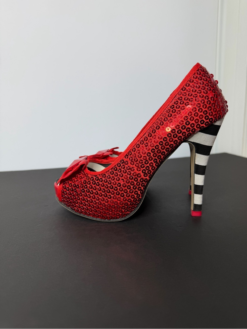 Iron Fist Red Sequin Peep-Toe Heels with Black-and-White Striped Heel - Picture 2 of 6
